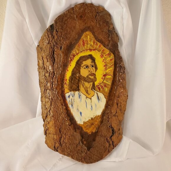 Vintage 1982 Jesus Christ Painting On Black Hills Pine Bark Wall Art 18.5" x 10" - Picture 12 of 12